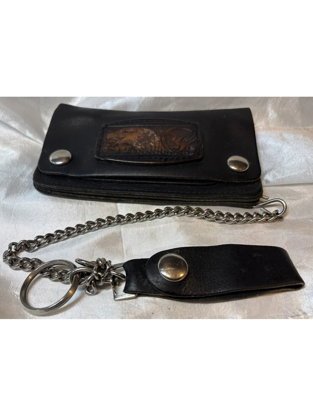 VTG Genuine Handcrafted Leather Biker Bifold Wallet, Chain Black Embossed Eagle